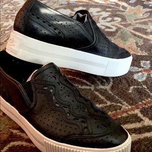 Ash Embroidered Black & White Leather Platforms